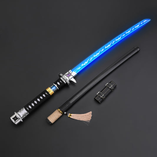 Sword with a blue light blade on a dark background